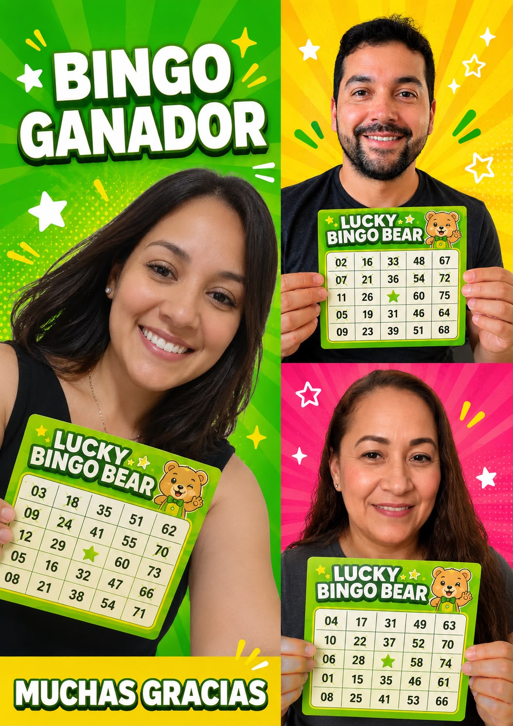 Ganadores de Lucky Bingo Bear sosteniendo sus cartones y premios